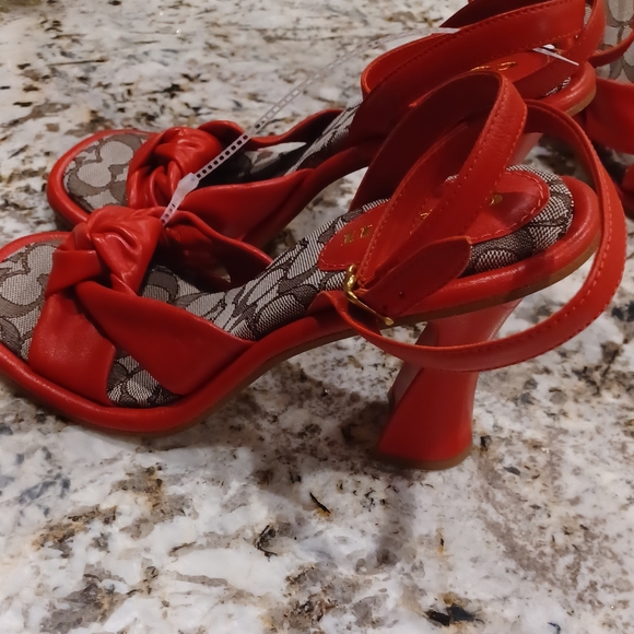 COACH Quincey Signature Logo Ankle Strap Dress Sandals Red Leather NEW - Picture 9 of 14